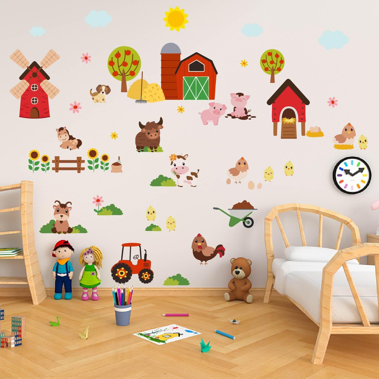 PLIGREAT 2 Sheets Cute Farm Animals Wall Stickers Cartoon Cow Pig Farm House Wall Decals for Bedroom Playroom Nursery Cabinet Door Decor Home Indoor DIY Large Size Stickers Decoration