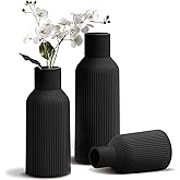 TrendEcoHome Matte Black Ceramic Vases Set of 3 - Modern Ribbed Vases for Pampas Grass & Dried Florals - Minimalist Decorative Centerpieces for Coffee Table, Mantle, Entryway & Office (Not for Water)