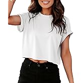 Crop Tops for Women Summer Short Sleeve Loose Fit T Shirts Casual Round Neck Rolled Basic Tees