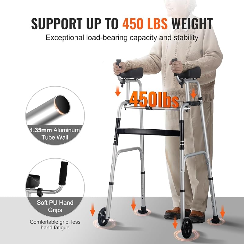 Andador Plegable 2 en 1 con Reposabrazos Extraíbles, Altura Ajustable, Ruedas Sólidas, Aluminio Ligero, para Personas Mayores Discapacitadas, Carga de 203 kg, 615 x 410 x (1005-1155) mm