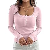 AKLOPVII Women Cute Lace Trim Button Down Cropped T Shirts Y2k Preppy Fall Pointelle Scoop Neck Long Sleeve Crop Tees