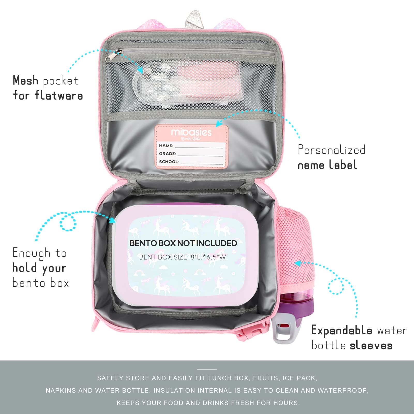 mibasies mibasies Kids Insulated Lunch Box for Girls Rainbow Unicorn Lunch Bag for School (Pink Blue Rainbow)
