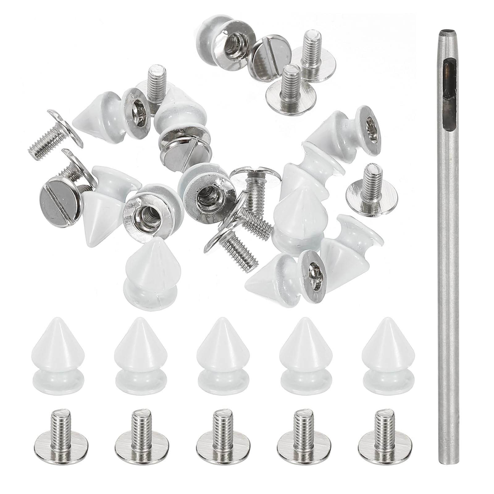PATIKIL 12mm Studs for Clothing, 12 Sets Spikes for Clothes Studs and Spikes Leather Rivets Metal Cone Punk Spikes Screw Posts with Hole Puncher for Leather Jacket Fabric, White