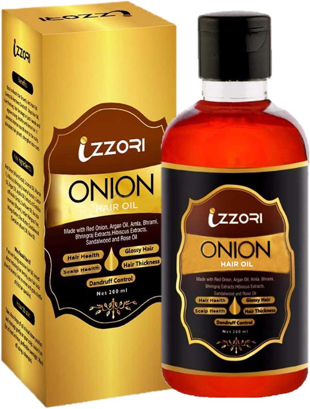 IZZORI RED ONION HAIR OIL FOR HEALTHY HAIR, DANDRUFF AND IMPROVE HAIR TEXTURE WITH ARGAN OIL, BHRINGRAJ, HIBISCUS OIL, JOJOBA OIL AND ANTI-BACTERIAL PROPERTIES FOR MEN AND WOMEN (200 ML)