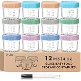 DRKIO 12 pcs Baby Food Storage Containers 4 Oz Small Glass Jars with Lids | Leak-proof Seal, Stable Stacking, Easy to Mark, Clear graduations Make Measuring User-friendly, BPA Free Reusable