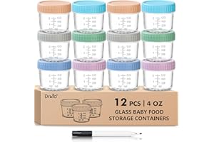 DRKIO 12 Pack Glass Baby Food Storage Containers - 4 Oz Baby Food Jars with Lids Baby Food Maker Microwave Dishwasher Freezer Safe 100% Leak Proof BPA Free Reusable