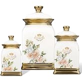 fanquare Floral Canisters with Gold Trim, Ceramic Decorative Countertop Jars, Farmhouse Porcelain Cookie Jar and Sugar Bowl Set with Airtight Lid