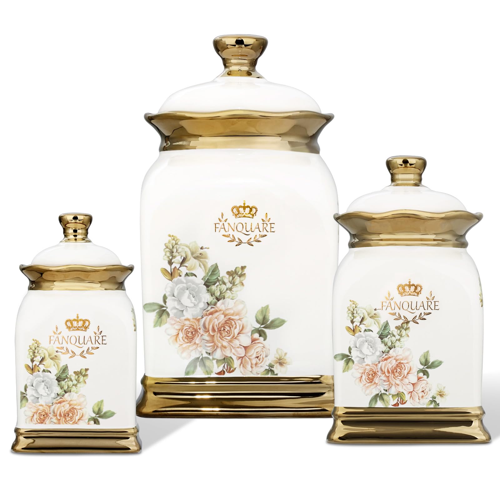 Photo 1 of fanquare Floral Canisters with Gold Trim, Ceramic Decorative Countertop Jars, Farmhouse Porcelain Cookie Jar and Sugar Bowl Set with Airtight Lid