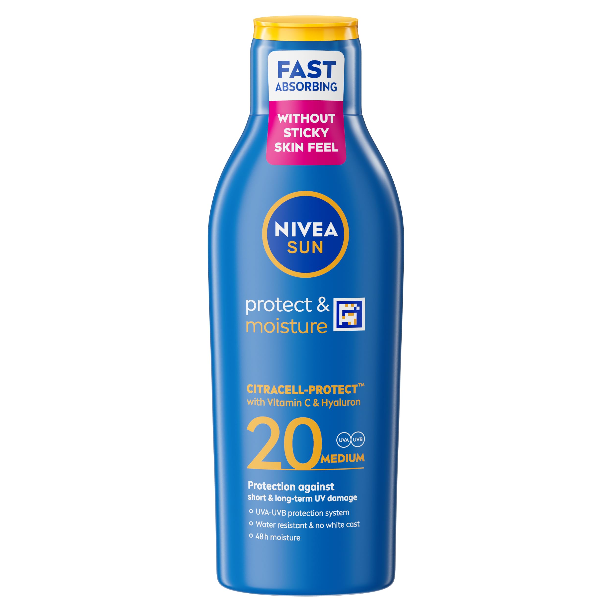 NIVEA SUN Protect & Moisture Sun Lotion SPF 20 (200 ml), Suncream with Vitamin C and Hyaluron, Provides 48 Hour Moisture and Immediate UVA/UVB Protection, Fast-Absorbing, No White Cast Formula