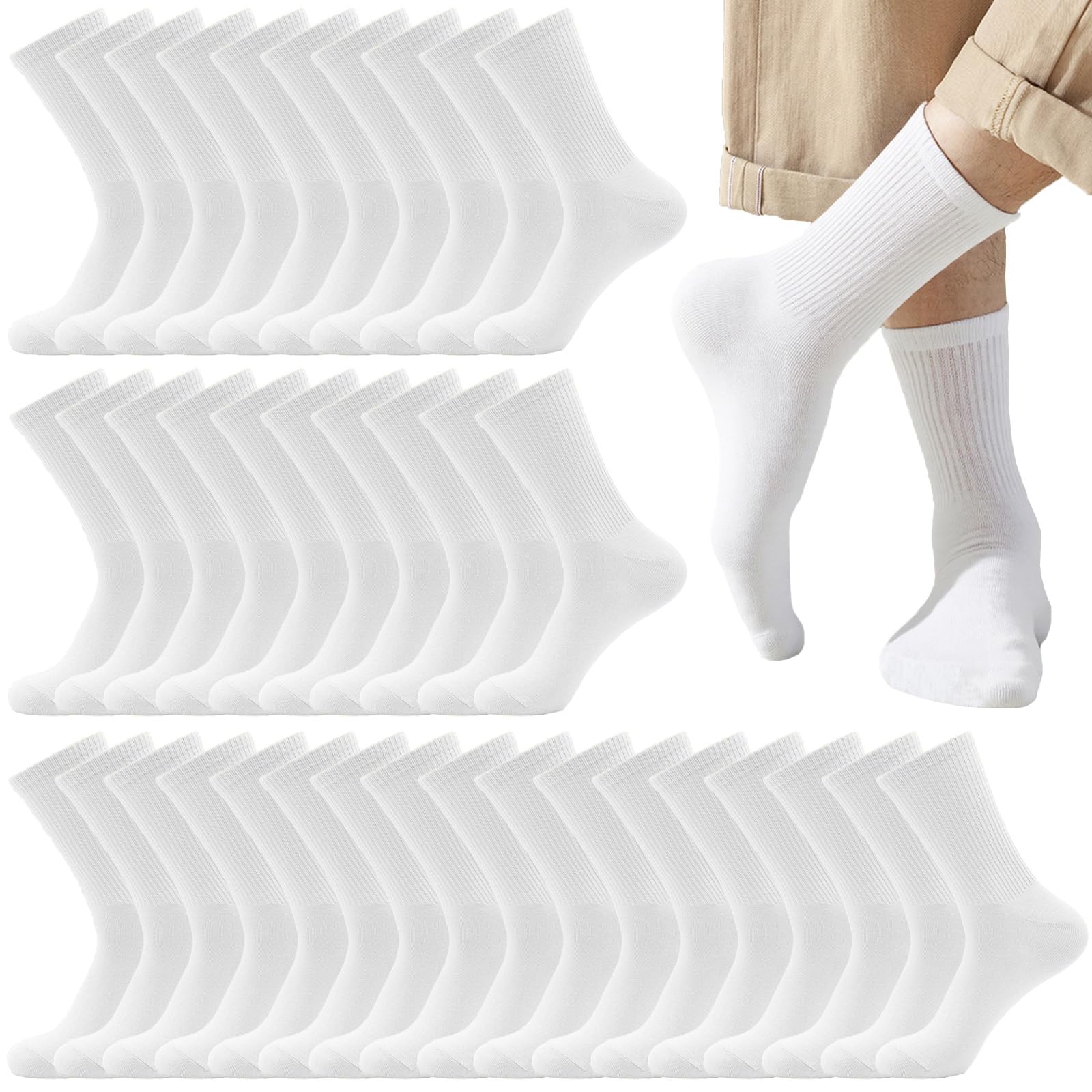 Photo 1 of 20 Pairs Crew Athletic Socks for Men Moisture Wicking Cushion Crew Socks for Sport Running Traveling (Pure White)