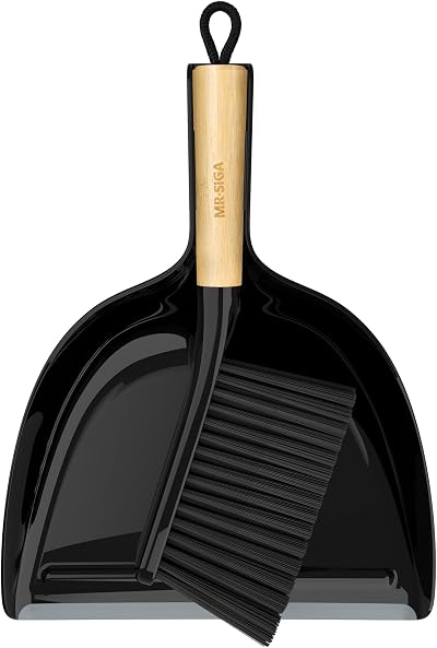 MR.SIGA Dustpan and Brush Set Bamboo Handle Durable Bristles Lightweight Black