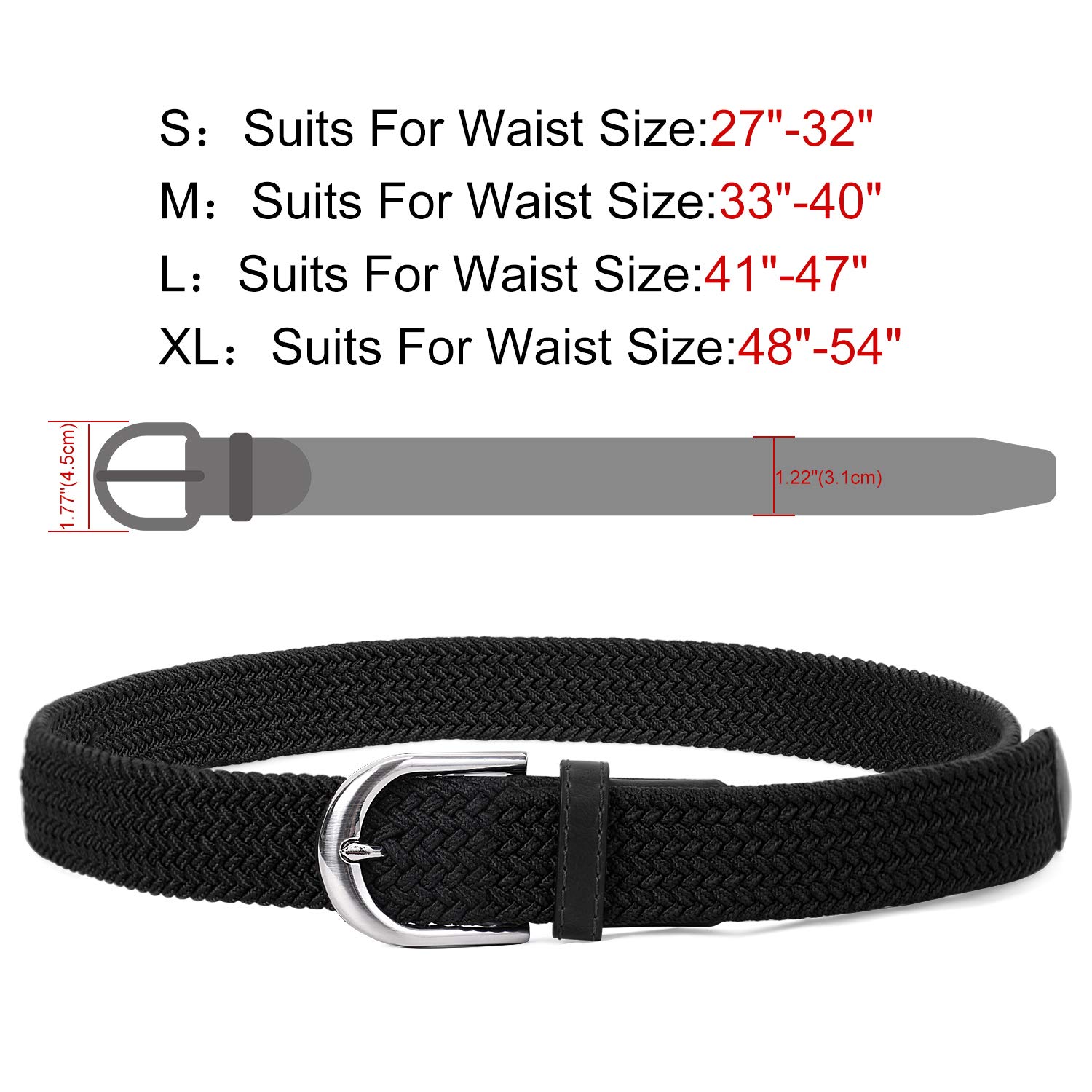 LEACOOLKEY Braided Stretch Belt for Men/Ladies Weave Canvas Elastic Woven Belt, B- Black,Medium(Suits For Pants Size:33-40 Inches)