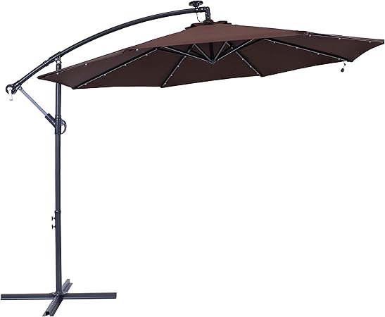 Amazon Com Sunnydaze 10 Foot Offset Cantilever Solar Patio Umbrella With Outdoor Led Lights Crank And Cross Base Brown Polyester Canopy And Gray Powder Coated Steel Pole And Ribs Garden Outdoor