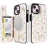 uCOLOR for iPhone 13/14 6.1" Wallet Case Magsafe with Card Holder Slot【Compatible with MagSafe】 Folio Flip PU Leather Double Magnetic RFID Design(Nude Wild Flower)