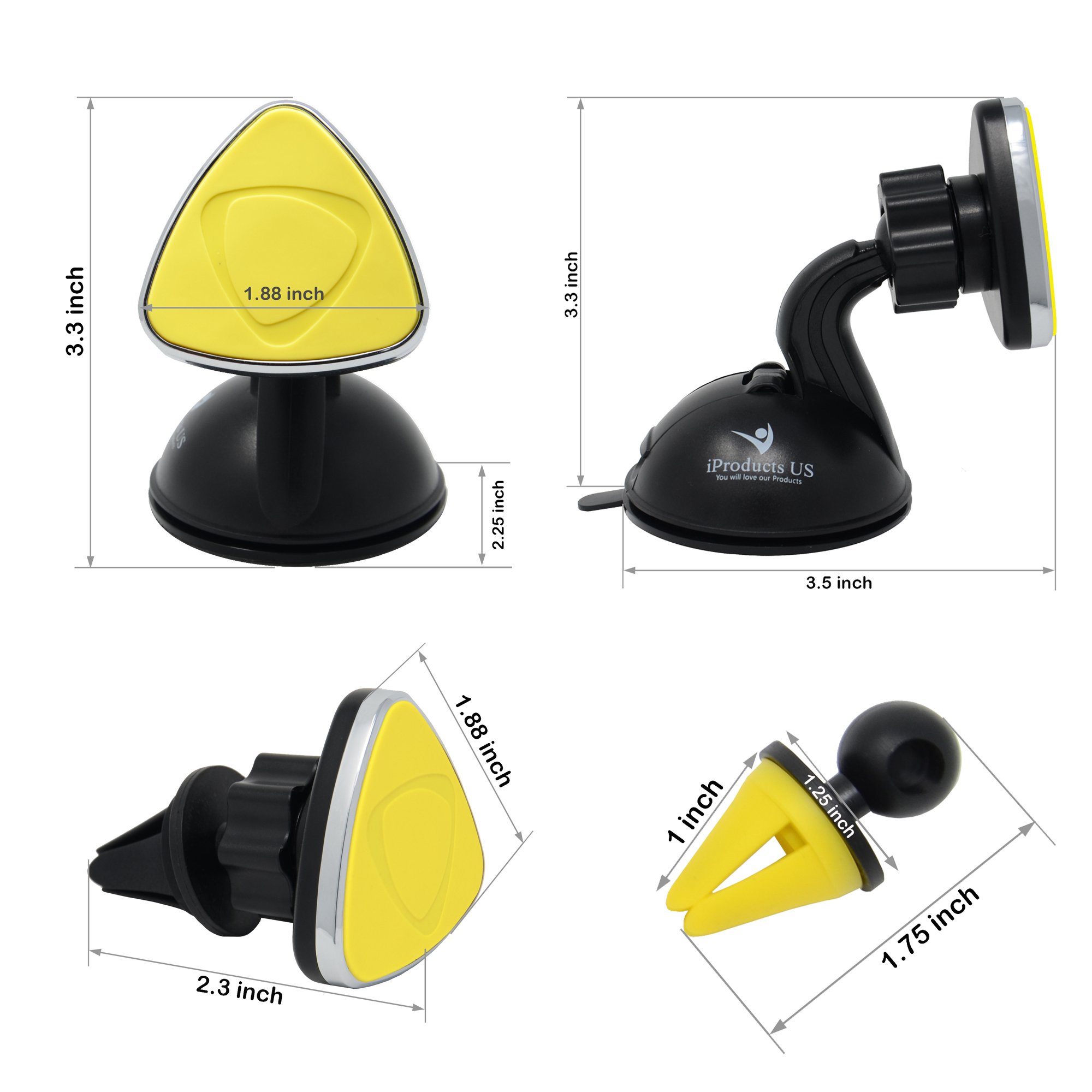 Magnetic Phone Holder for Car iProductsUS Car Vent Phone Mount Universal 3-in-1 phone Cradle for Dashboard Windshield Air Vent for Apple iPhone and Android Smartphones or GPS devices(YELLOW)
