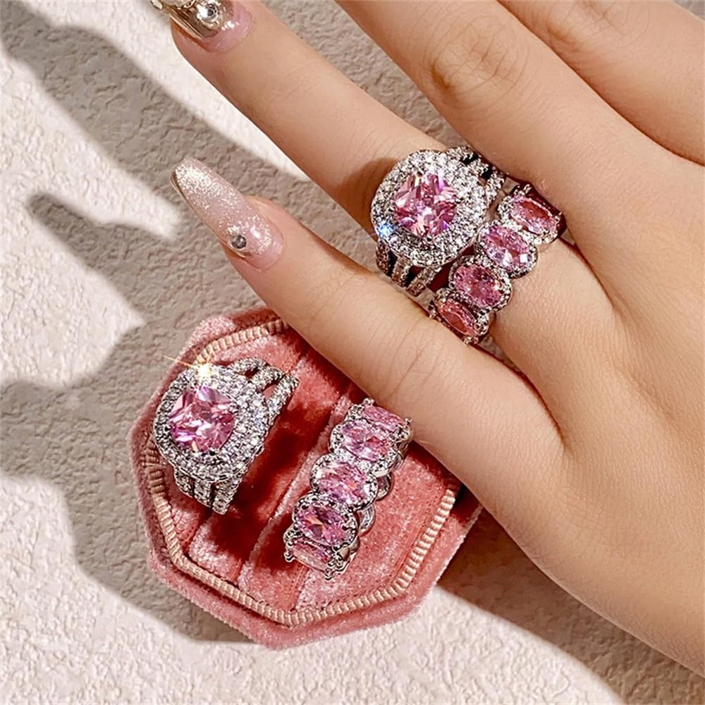 Photo 1 of 925 Sterling Silver Shiny Full Diamond Gemstone Ring 2Pcs 18K Gold Pink Cubic Zirconia Promise Rings CZ Bride Diamond Multi Row Ring Eternity Engagement Wedding Party Band Ring Sets A.18 (US Code 5)