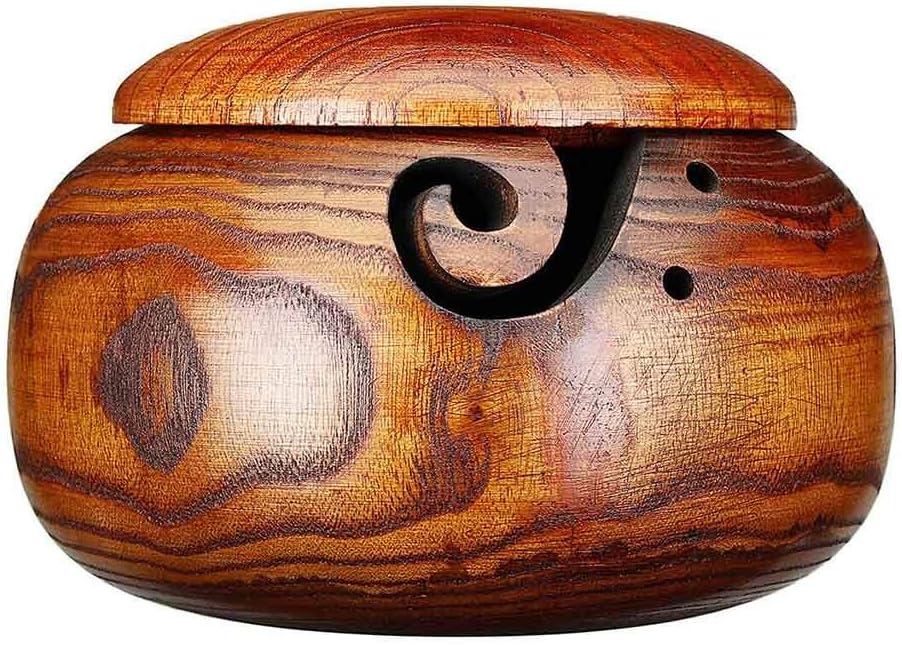 Wooden Yarn Bowl with Lid 6.3", Handmade Yarn Holder Wooden Yarn Bowl with Holes Holder Handcrafted Knitting Yarn Needlework Crochet Storage Organizer - Adult Knitpicks
