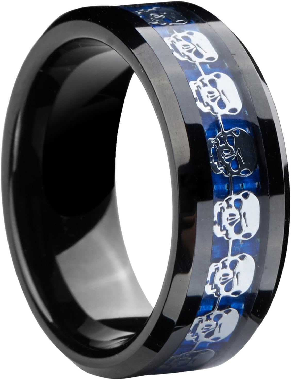 Gnex 8mm Infinity Black Tungsten Wedding Ring Silver Skull Skeleton Inlay Statement Couple Jewellery