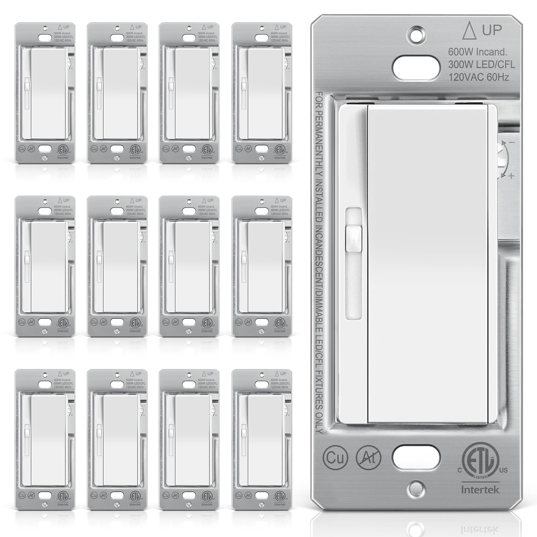 Photo 1 of BESTTEN 12 Pack Super Slim Slide Dimmer Light Switch, Single Pole or 3 Way Dimmer Switches, Compatible with LED Dimmable Lamp, CFL, Incandescent, Halogen Bulb, ETL Listed, White