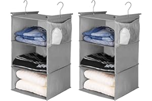 MAX Houser 3 Tier Shelf Hanging Closet Organizer, Closet Hanging Shelf with 2 Sturdy Hooks for Storage, 2 Pack, Foldable (Grey)