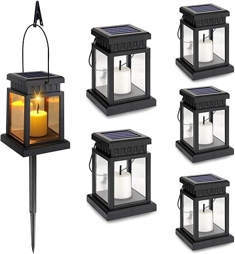 paquete de 6 faroles solares colgantes al aire libre vela parpadeante efecto llama luces solares led luz blanca calida iluminacion decorativa con