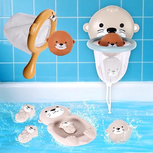 QASUN Bath Toys Mould-Free Hole-Free, Baby Bath Toys Sea Otter with Net, Toys for Girls Boys, Sea Animal Water Toys for Kids with Basketball Hoop (Sea Otter)