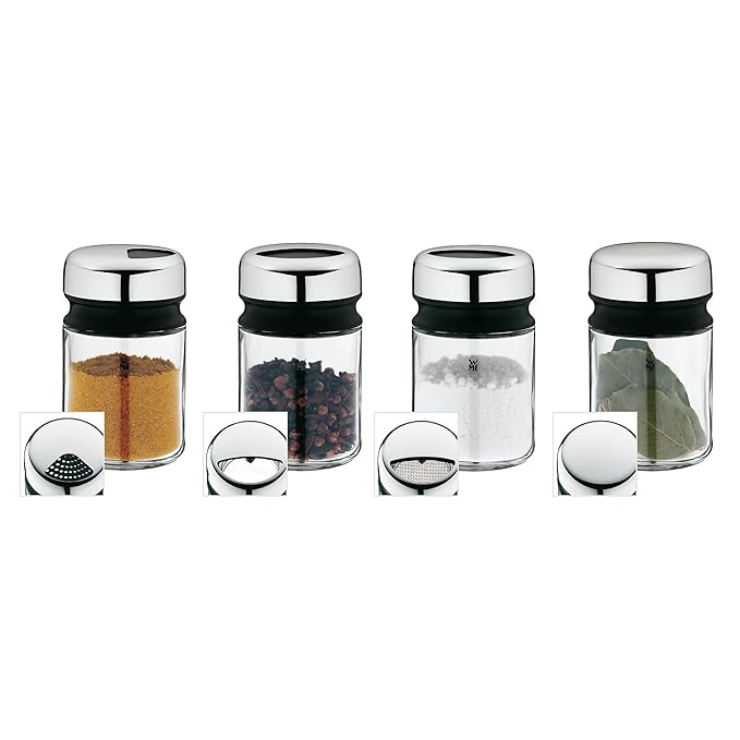 WMF Depot Gewürzstreuer-Set 4-teilig, 100ml, Gewürzdose, Gewürzstreuer, Gewürzglas, Glas, Cromargan Edelstahl, spülmaschineng