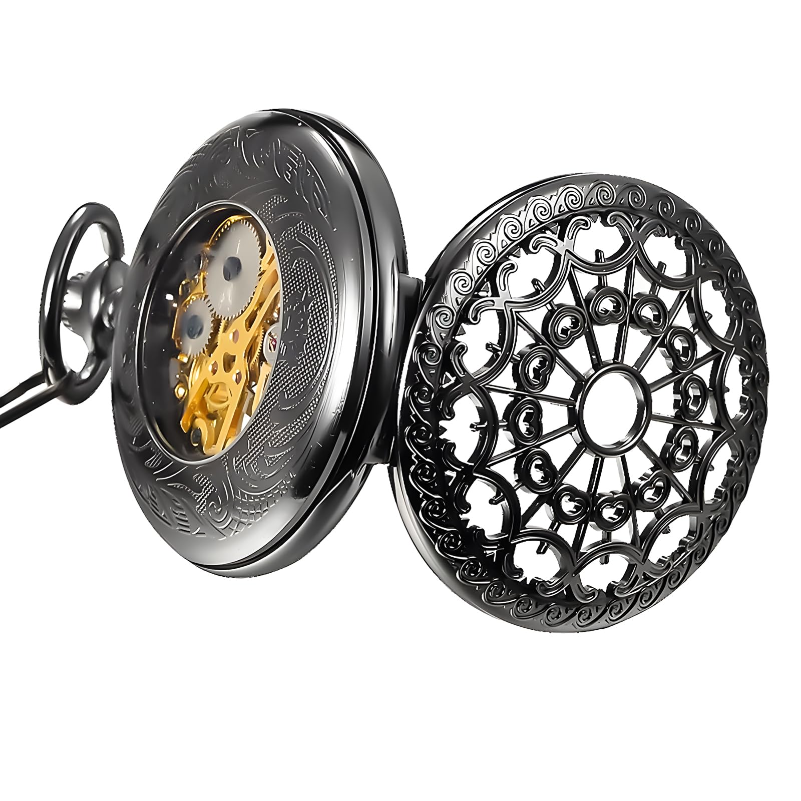 Carrie Hughes Mens Cobweb Black Steampunk Skeleton Pocket Watch with Chain in Box CHPW4