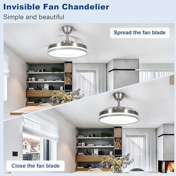 DEPULEY 42″ RETRACTABLE CEILING FAN: MODERN SILENT SMART SLIM CEILING FANS WITH LIGHTS AND REMOTE/APP CONTROL – 6 SPEEDS DIMMABLE REVERSIBLE MEMORY LED FANDELIER FOR BEDROOM LIVING ROOM NICKEL+ GREY