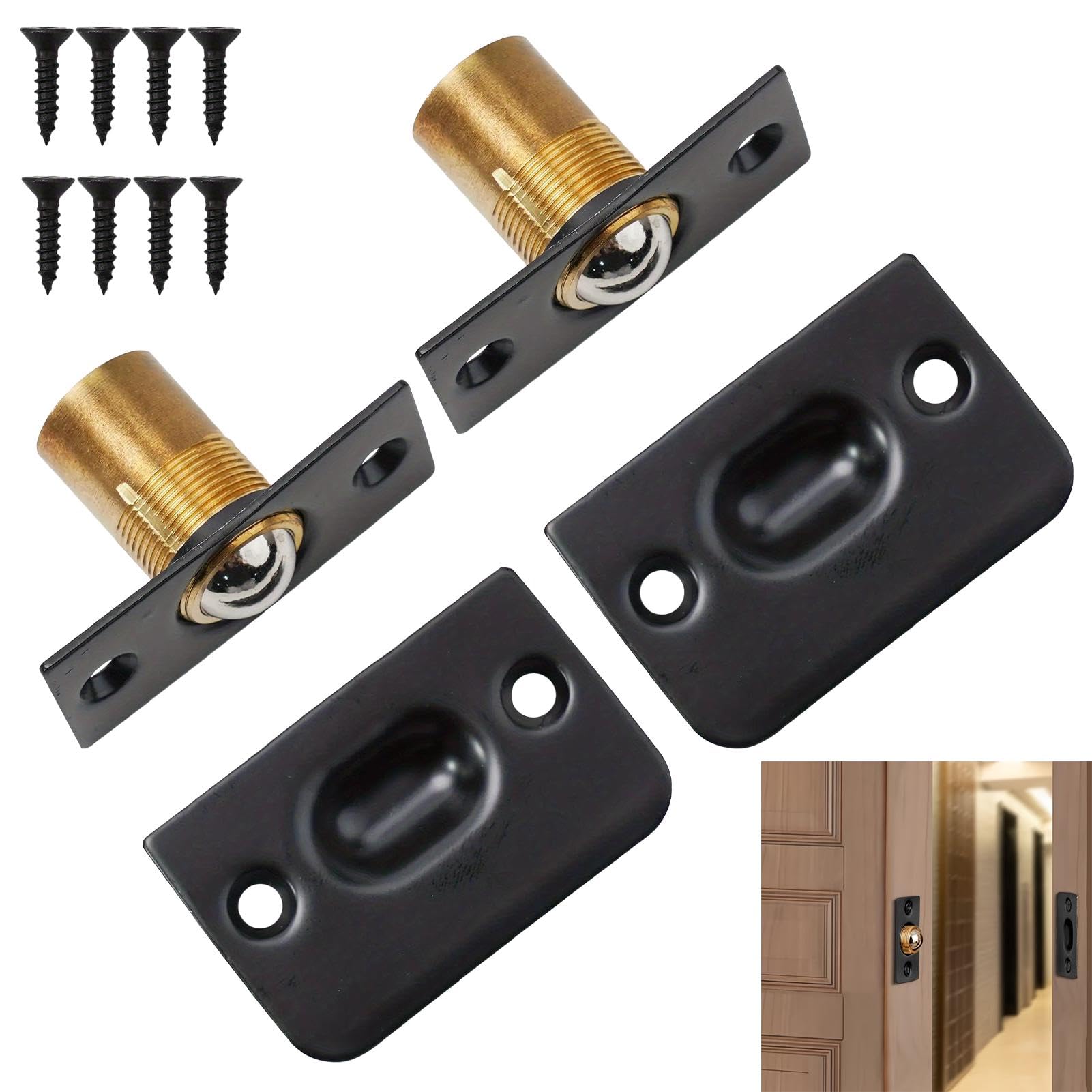 2 Pack Ball Door Catches for Internal Doors,Roller Ball Door Catches Latch Adjustable Door Ball Latches Spring Ball Bearing Door Catch Door Hardware for Cupboard Closet Top of Door(Black)