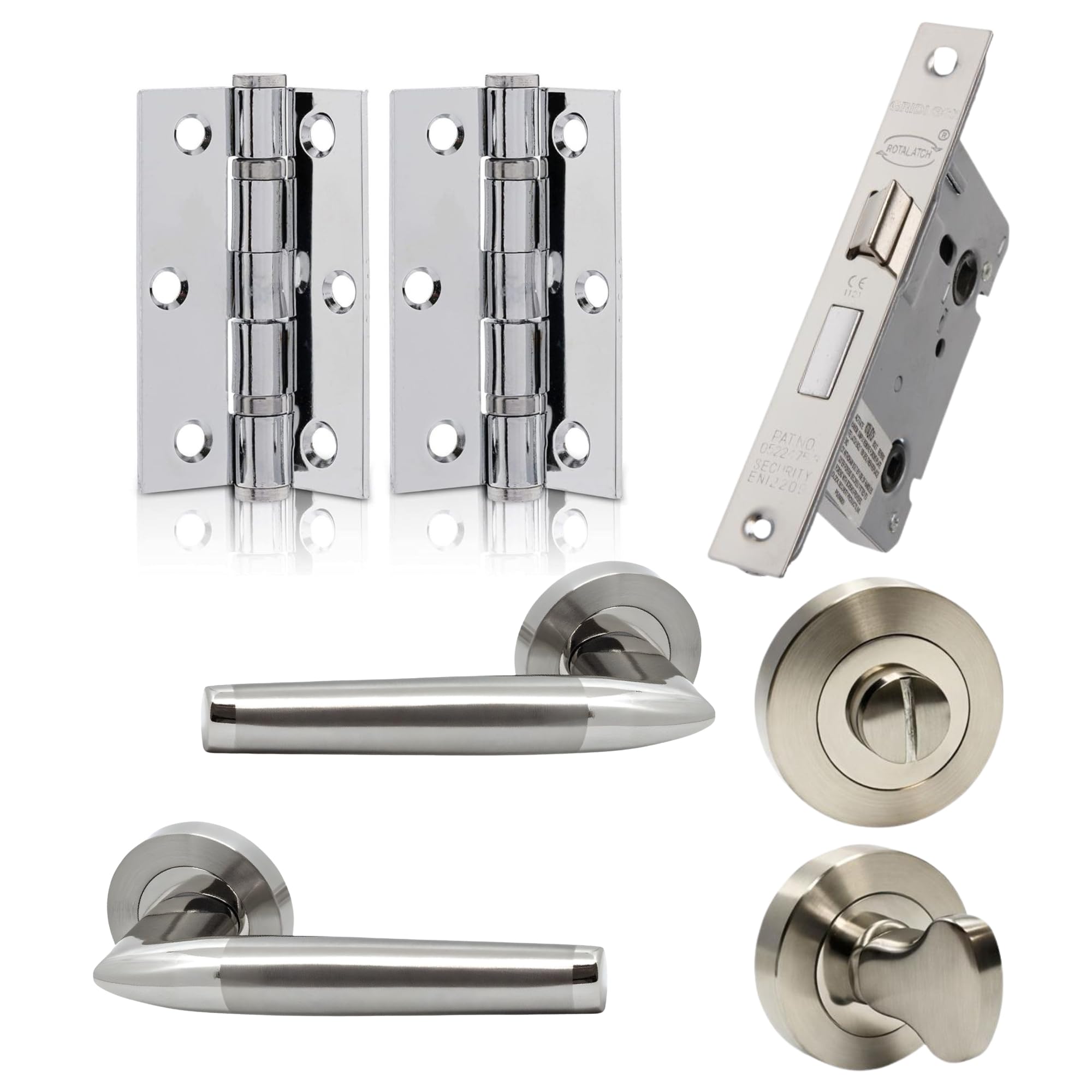 UAP Internal Door Handle Set with Lock – Complete Door Pack with Hinges, Thumb Turn & Fixings – Privacy Turn & Release (Valiant, Polished Nickel)