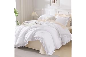 Andency Comforter Full Size Set White, 3 Pieces Ruffle Farmhouse Shabby Chic Gift Full Comforter Set, Soft Lightweight Fluffy All Season Room Decor Bed Set for Girls Women Teens Daughter