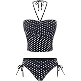 ZAFUL Women's Tankini Y2K Swimsuit Cute 2 Piece Halter Strapless Bikini Set | Side Tie Mid Waisted Bottom, Ruched Front Bandeau Top, Convertible Retro Bathing Suit, Trendy Criss Cross Beach Wear
