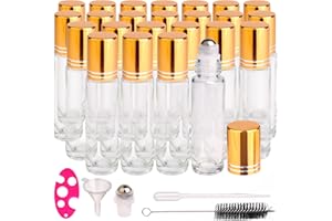 inice 24 Pack Clear Galss Roller Bottles,10ml Roll On Bottles Stainless Steel Roller Balls Metal Cap for Aromatherapy Essential Oils Applicator