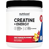 Nutricost Creatine + Energy 30 Servings (Fruit Punch Flavored) - 5,000mg Creatine Monohydrate + 350mg Energy Complex Per Serving