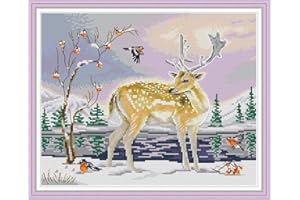 Maydear Cross Stitch kits Stamped Full Range of Embroidery Starter kits for Beginners DIY 11CT 3 Strands - Elk and birds 17.8×15(inch)