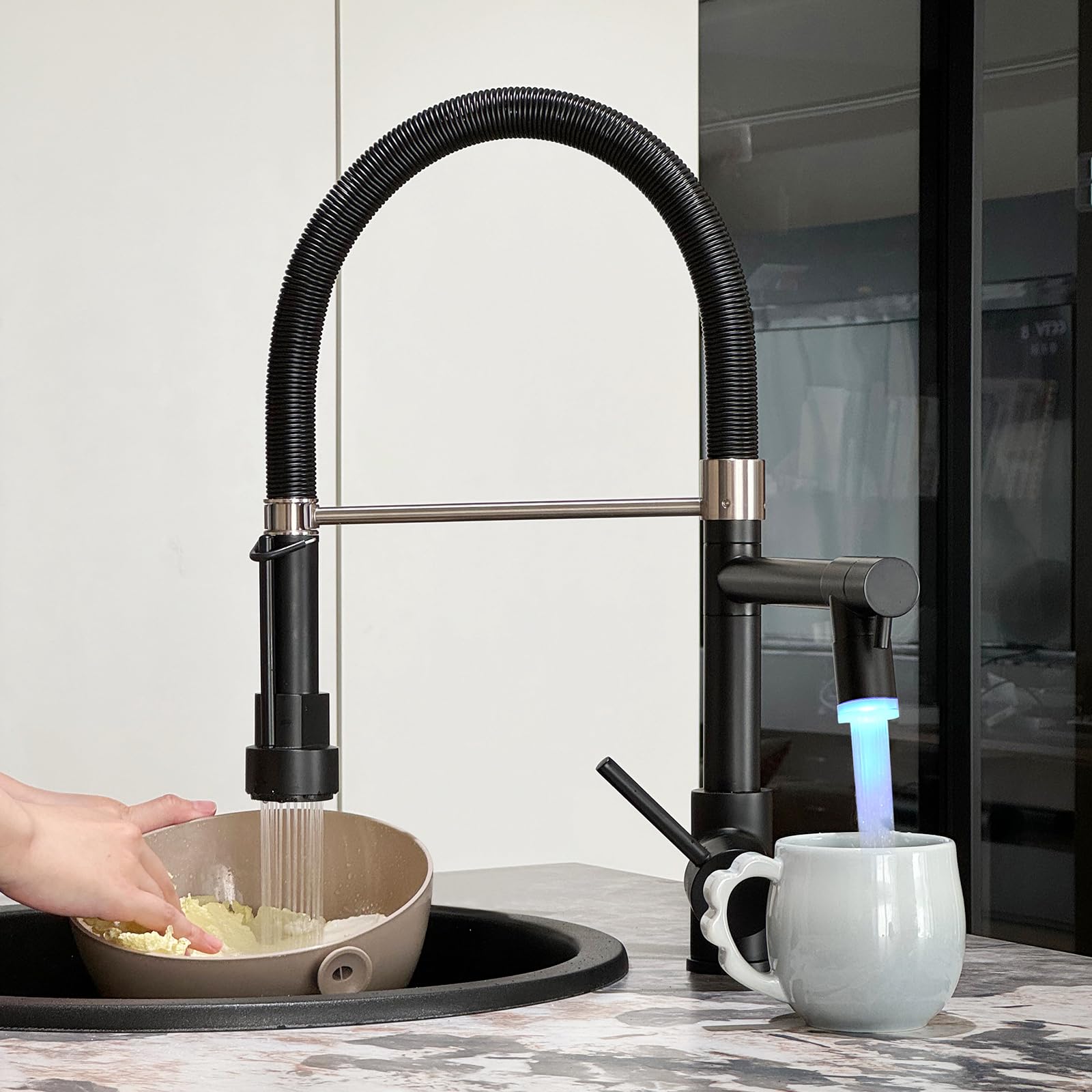 TIMACO LED Black Kitchen Tap with Lock Shower Extendible 360° Swivel Spout, Single Lever Mixer Tap - High Pressure Sink Faucet
