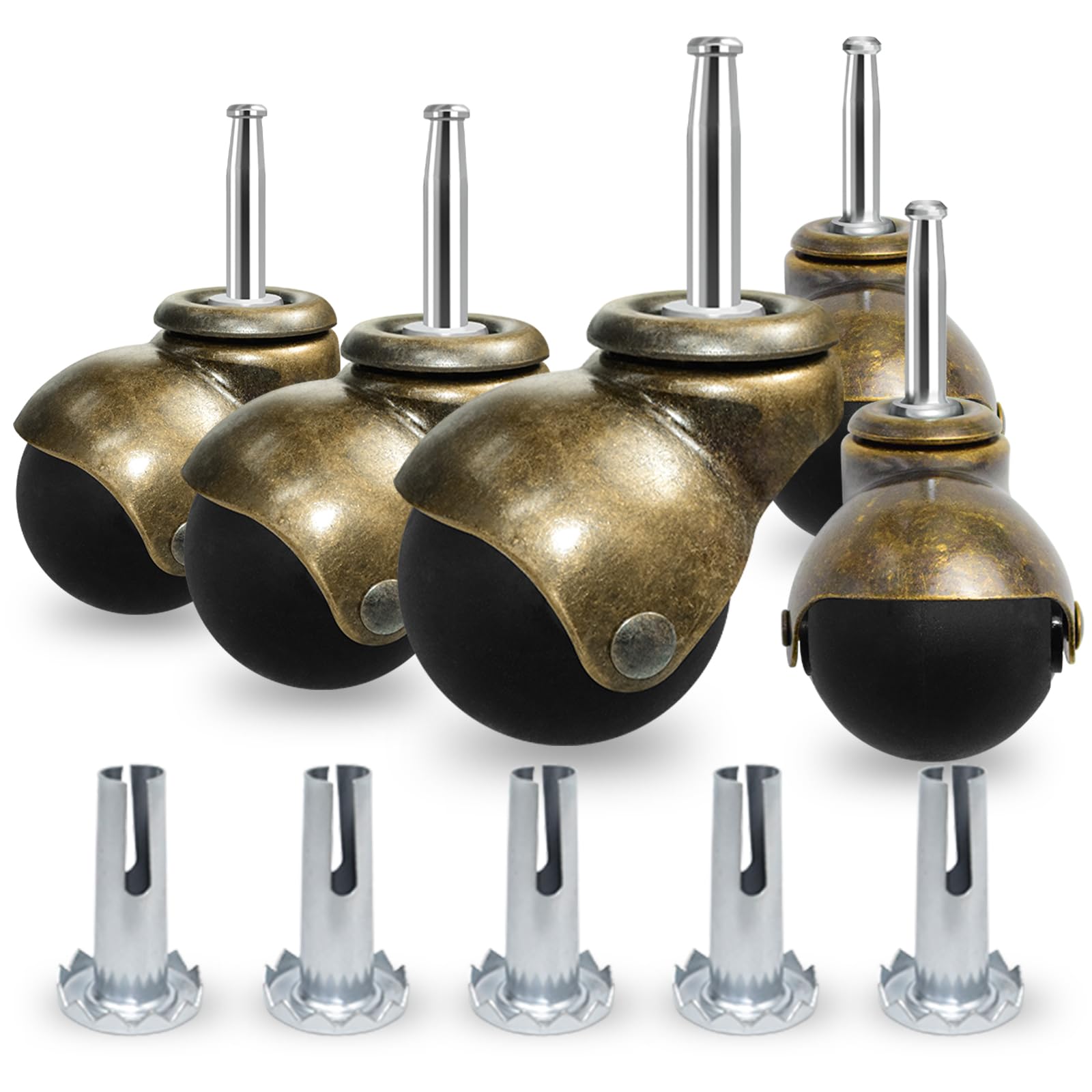 Photo 1 of MySit Ball Casters 5 Pack TPR Wheels 2 Inch Heavy Duty Brass Vintage Antique Furniture Caster Set of 4,Grip Neck Spherical Casters with Swivel Caster for Cabinet, Furniture Legs, Sofa