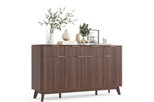 IDEALHOUSE Fluted Sideboard Buffet Cabinet with 3 Storage Drawers & Adjustable Shelves, Wooden Coffee Bar Cabinet Modern 60in
