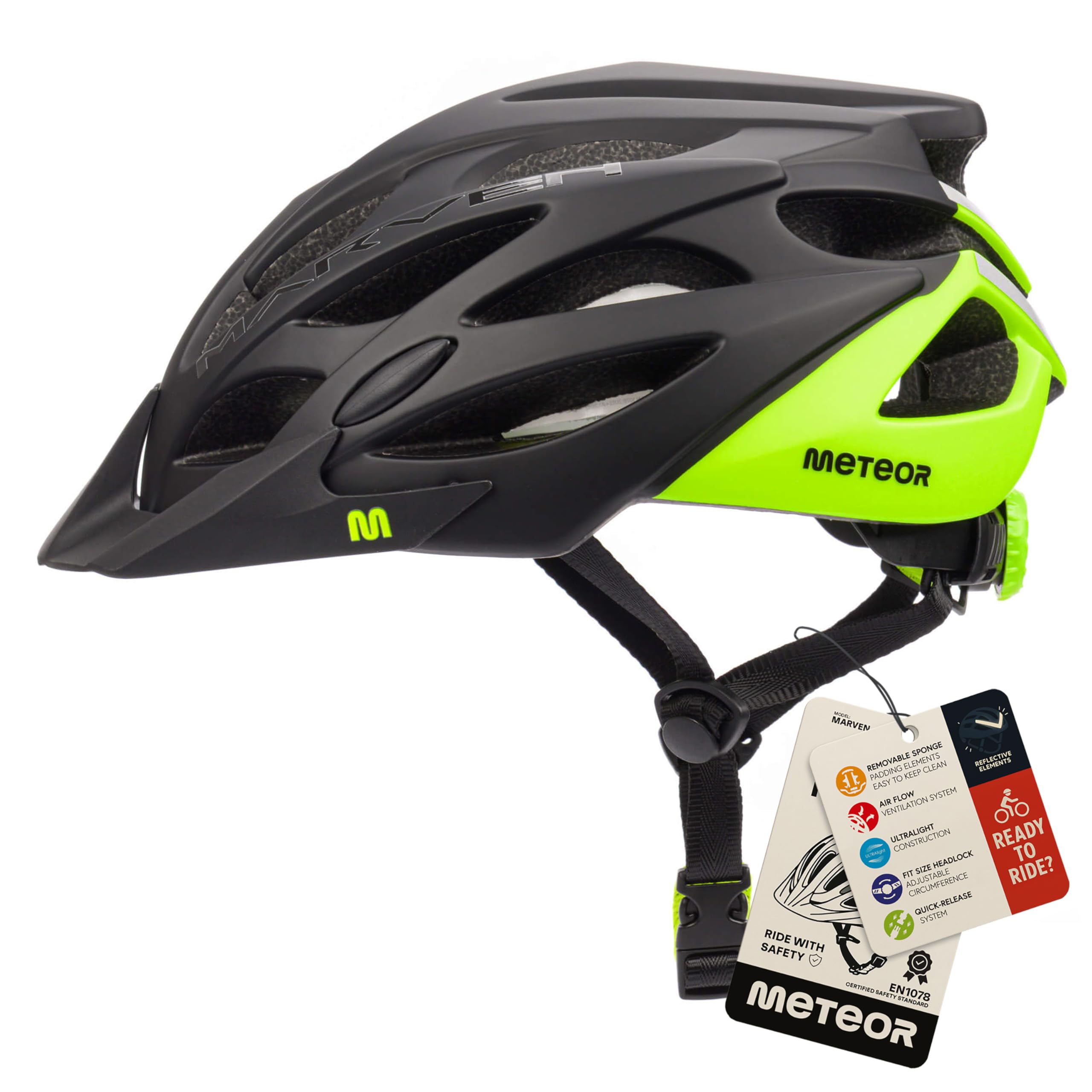 Meteor - MARVEN Cycle Helmet – Lightweight Adjustable Helmet for Men, Women, Kids – MTB, Bike, Scooter, Skateboard & Hoverboard – Breathable with Detachable Visor - Size S - Black/Green