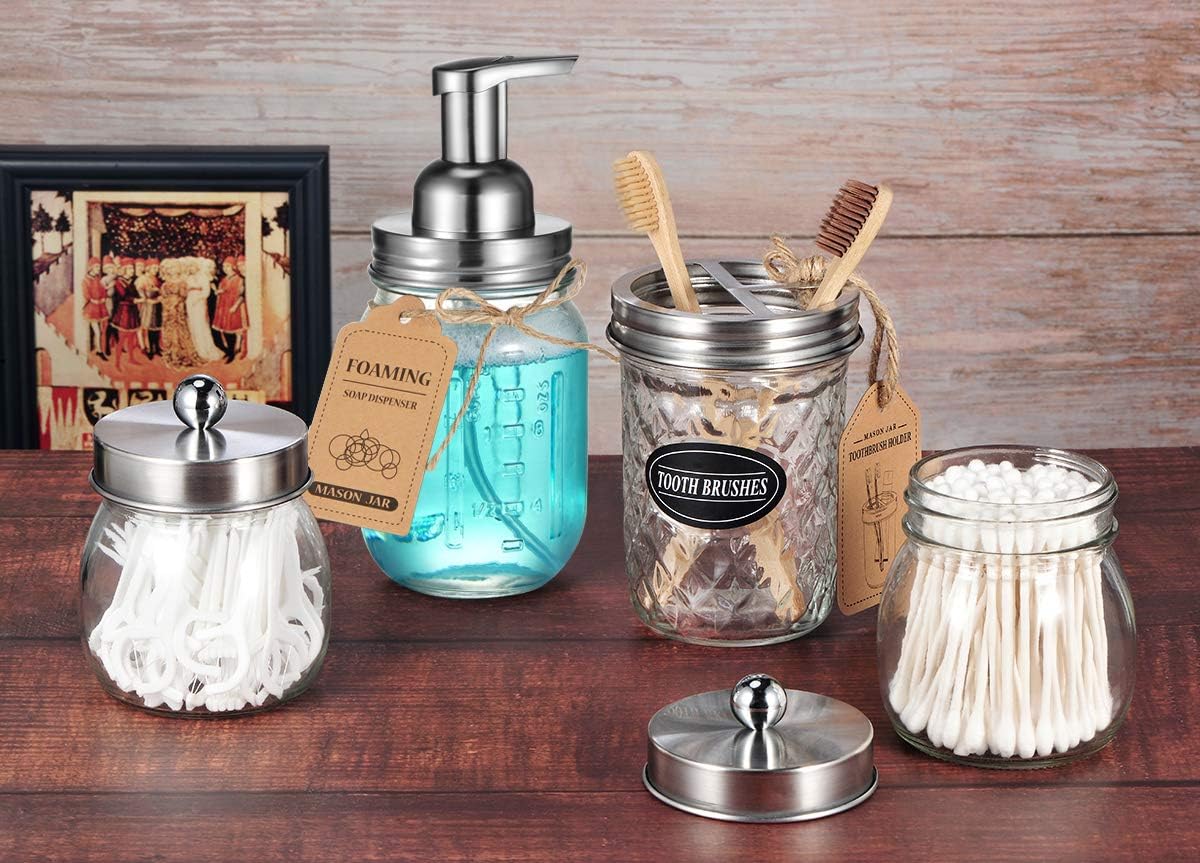 Mason Jar Bathroom Accessories Set 4 Pack - Foaming Soap Dispenser&2 Qtip Holders&Toothbrush Holder-Rustic Farmhouse Decor Bathroom Organizer Apothecary Jar Country Countertop (Brushed Nickel): Home & Kitchen