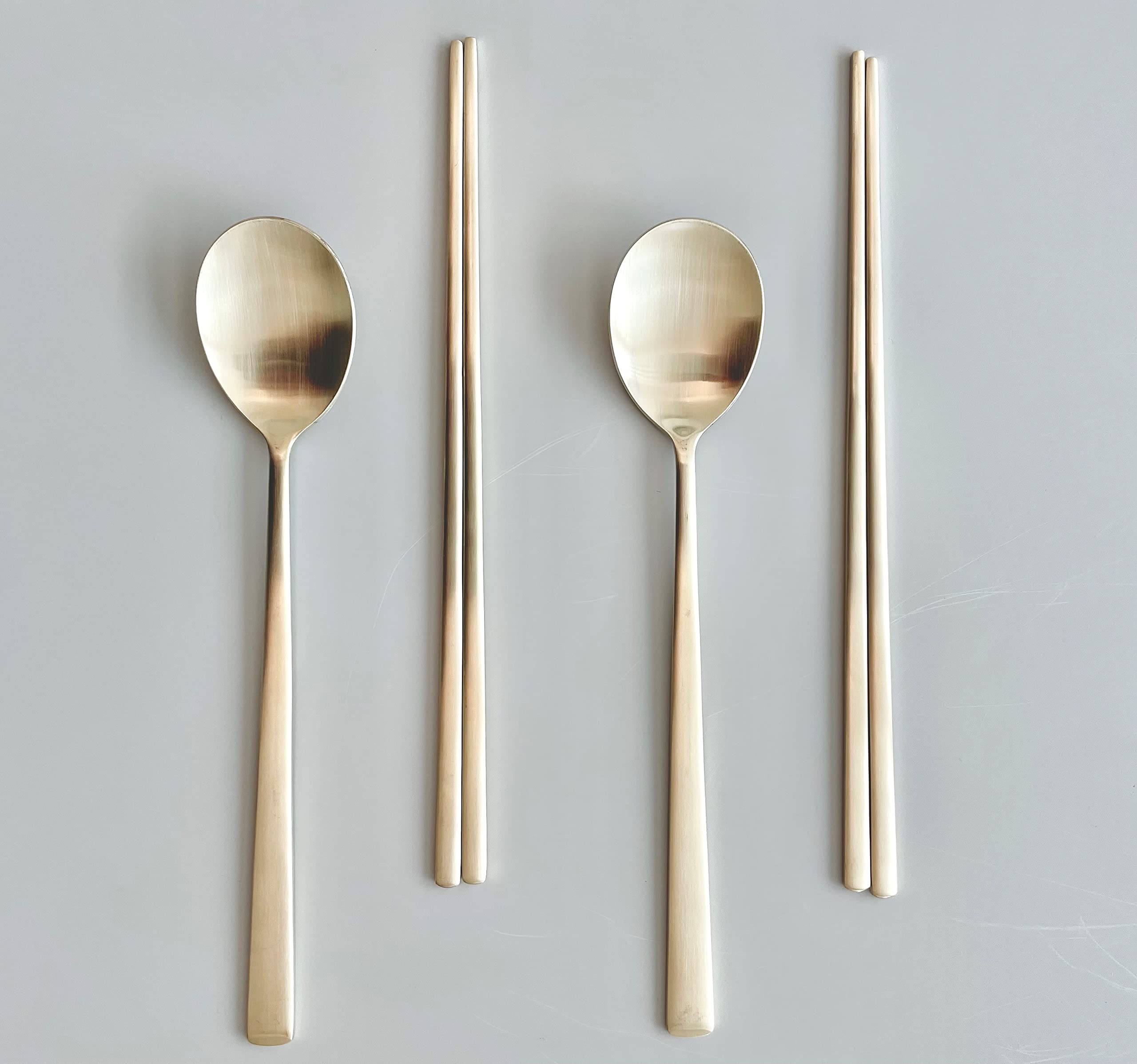 cozymomdeco Korean Made Traditional Utensil Flatware Simple Design Gold Color Chopsticks Spoon 2Set 18-10 Stainless Steel