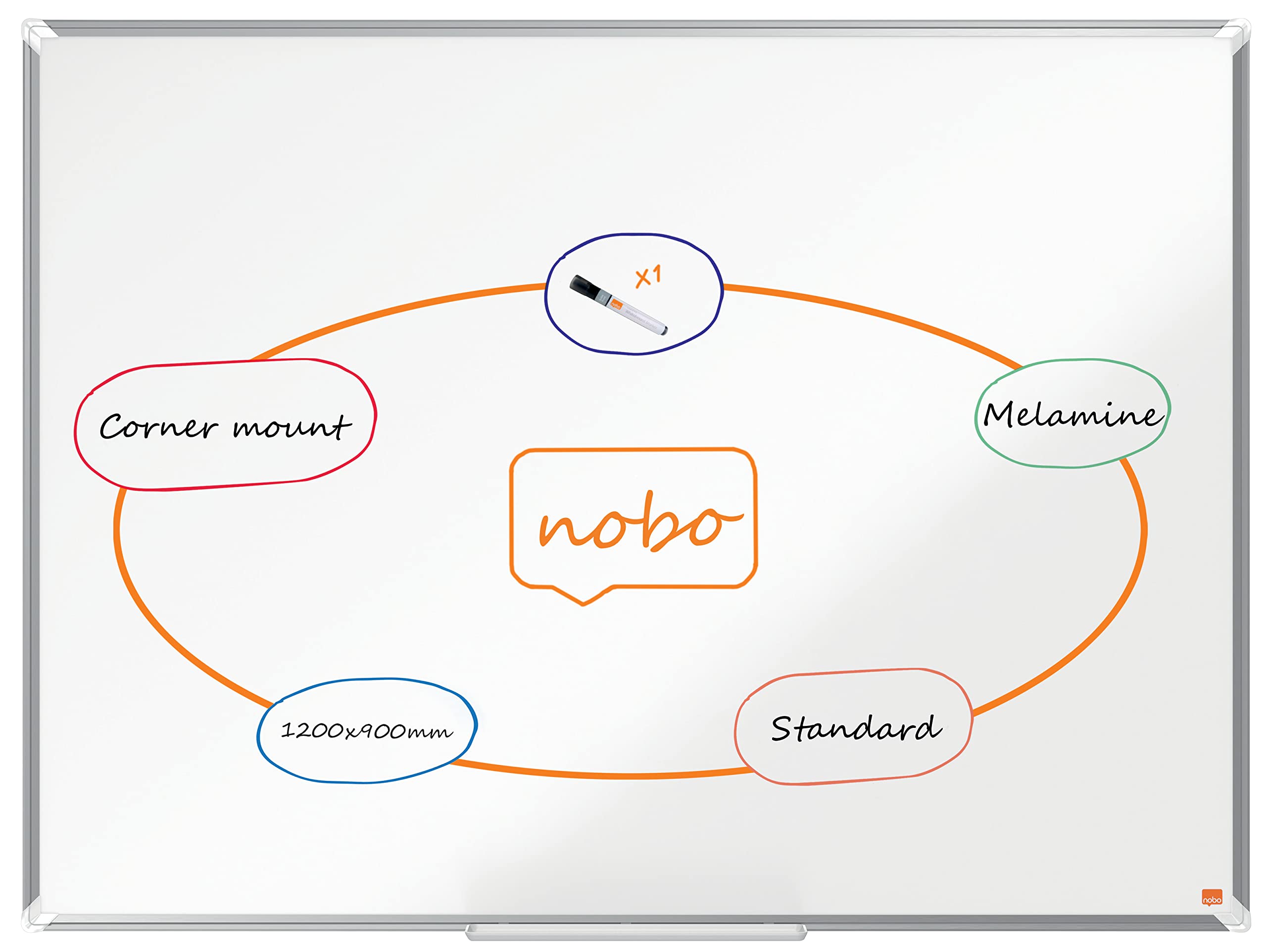 Nobo Melamine Whiteboard, Non-Magnetic, 1200 x 900mm, Aluminium Trim, Corner Wall Mounting, Includes Whiteboard Pen, Premium Plus, 120 x 90cm, White, 1915168