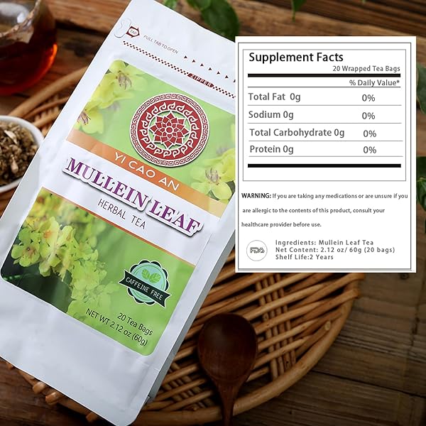 MULLEIN LEAF TEAS BAGS – SOOTHING FOR COUGH RELIEF & RESPIRATORY SUPPORT YI CAO AN HERBAL TEA, CAFFEINE-FREE 20 TEABAGS (2.12OZ/60G)