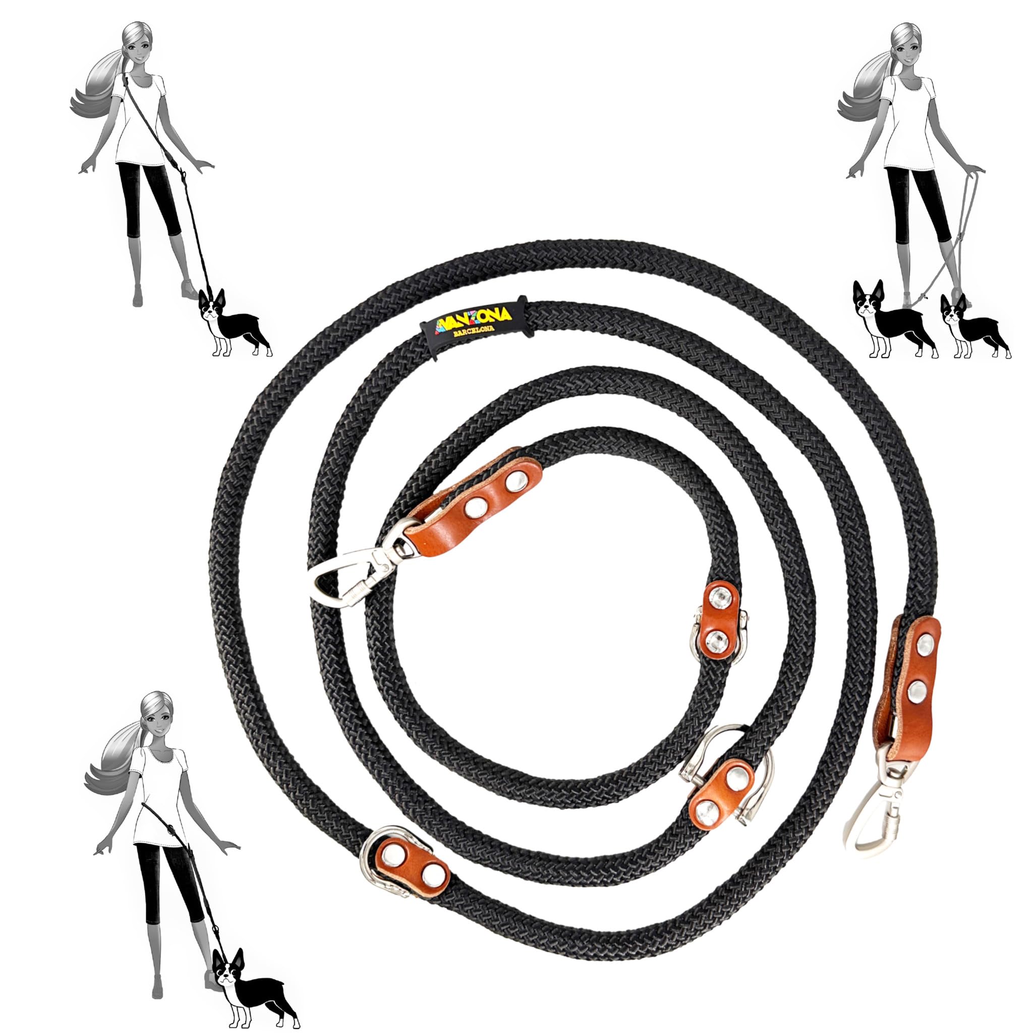 Hands Free Dog Lead. Double Ended, MultiFunction, Multiposition, for 2 Dogs, Small Medium Large. Rope and Leather, Made in Spain. Black & Cognac.