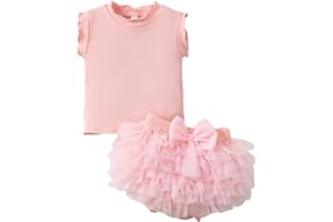 SUNNY PIGGY Baby Girl Tutu Skirt with Bowknot Toddler Princess Tulle Dress 7 Layers Diaper Cover Short Sleeve Outfit Set
