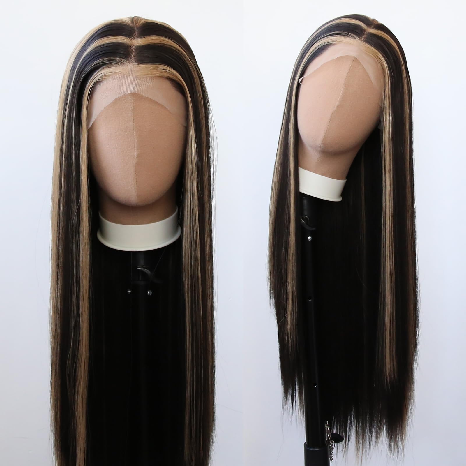 Towarm Balayage Wig Black Highlight #27 Middle Part Synthetic Lace Front Wigs for Black Women Long Straight Natural Heat Resistant Fiber 13x3.5inch Hand Tied Cosplay Wig (Piano Color 1B/#27)
