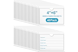 KOORITO 40 Pack 4" x 6" Index Card Pockets with Top Open Self-adhesive Index Card Holders Clear Plastic Labels Holders for Storage Bins, Organizing