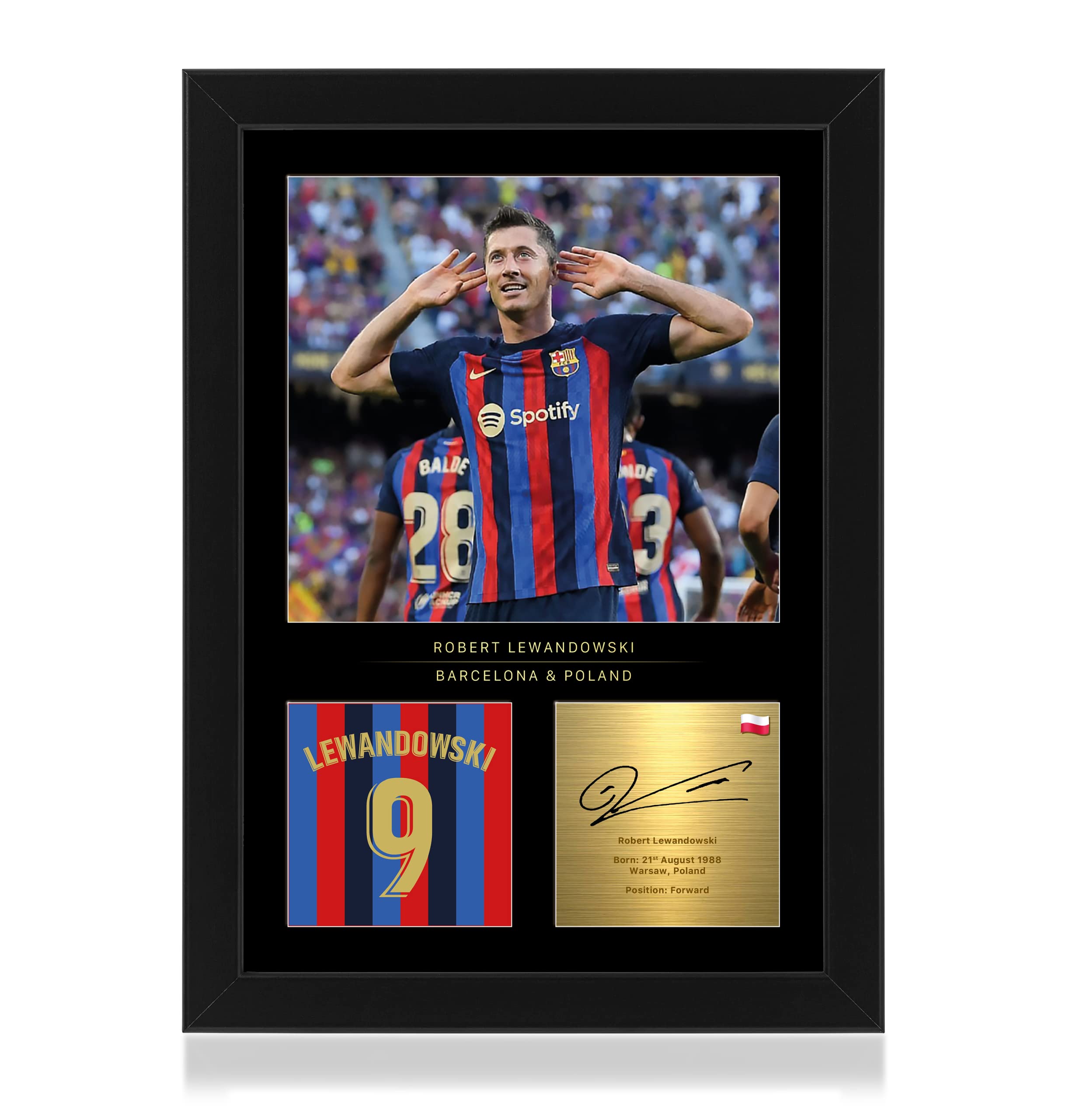 Win FC Robert Lewandowski Signed A4 Framed Photo Display - Reproduced Digital Signature - Gift For Barcelona Fans
