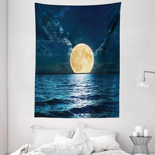 Amazon Com Ambesonne Ocean Tapestry Super Moon Over Ocean Surface Midnight View Dreamy Mystic Picture Print Wall Hanging For Bedroom Living Room Dorm 60 X 80 Yellow Navy Home Kitchen